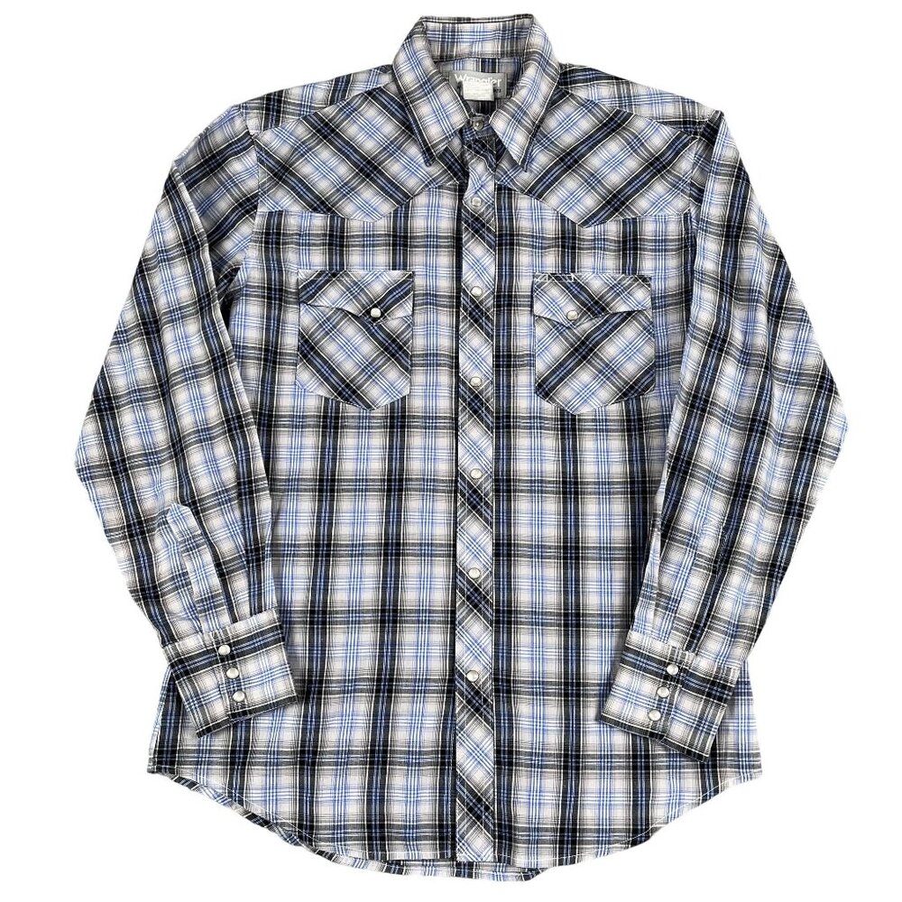 Wrangler Wrancher Mens Blue & Grey Western Pearl Snap Button Shirt Sz Medium